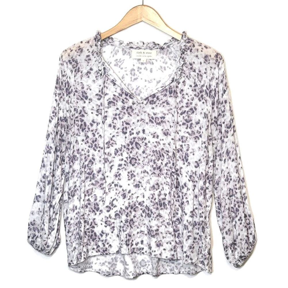 Cloth & Stone Leopard Animal Print Blouse Tie Neck Long Sleeve Purple White L - Picture 4 of 15